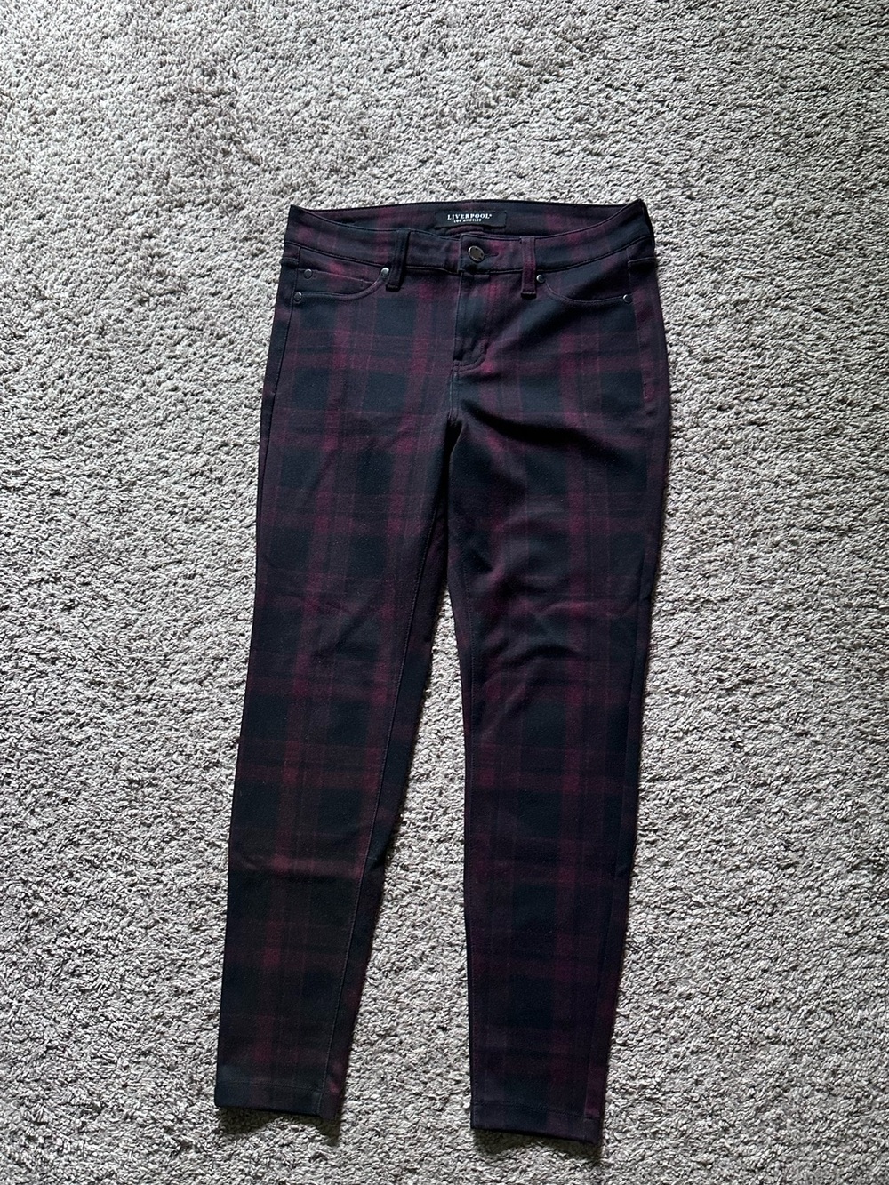 Liverpool Ladies Plaid Skinny Pants - Black & Burgundy